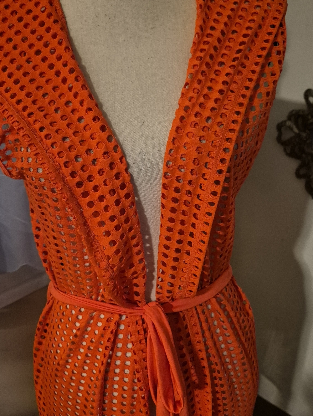 WOXUAN Neon Orange Open Front Eyelet Mesh Hooded Beach Coverup/Duster & Belt - Picture 9 of 10